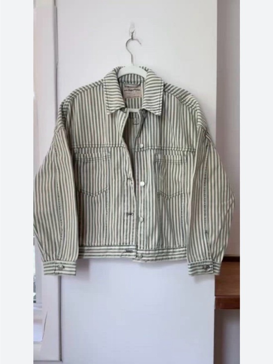 Free People Jackets & Blazers - Free People Striped Cotton Jean Jacket in Green and White